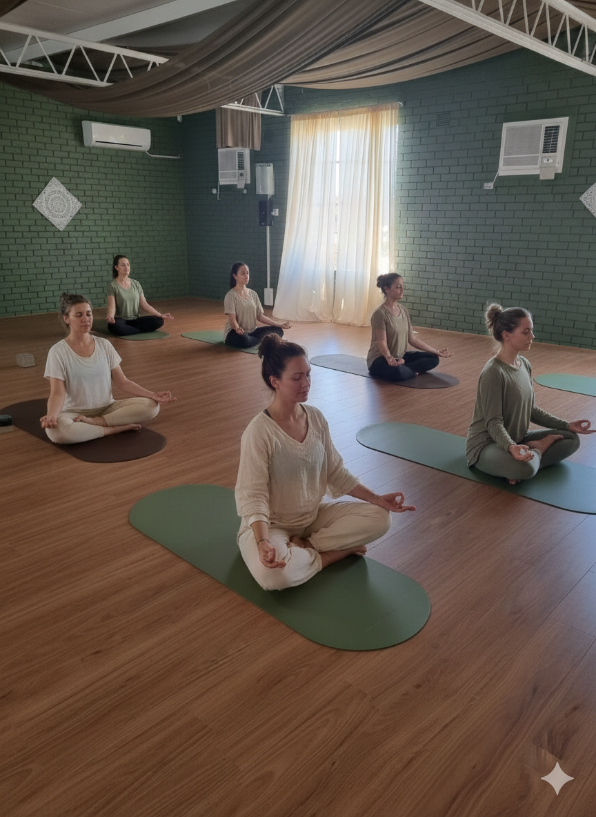 A calm group meditation class at Sun & Sage Yoga Studio